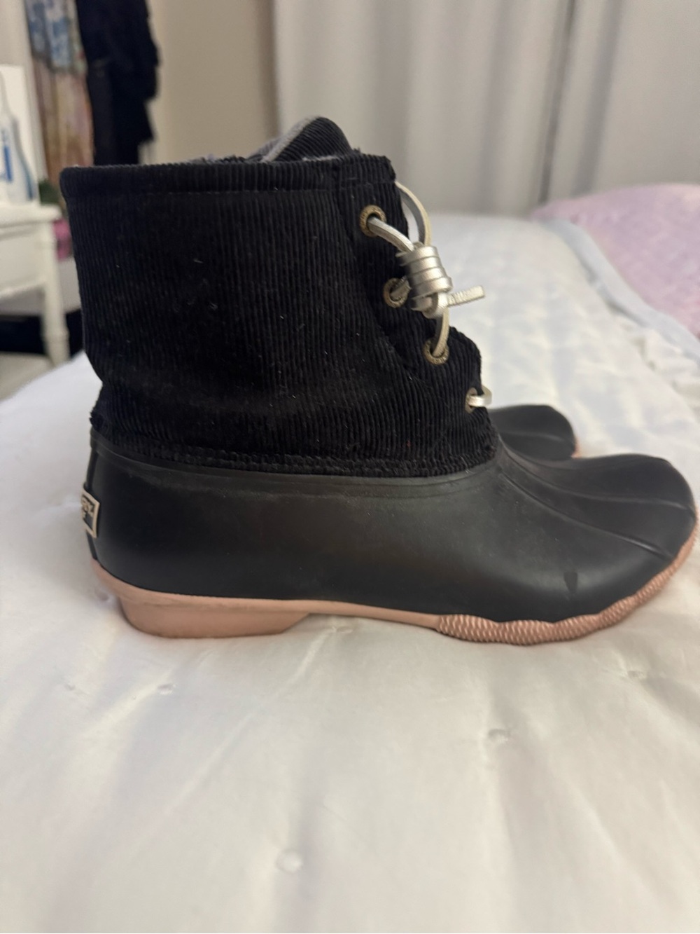Sperry Black Corduroy & Rubber Rain Boots with Rose Gold Sole